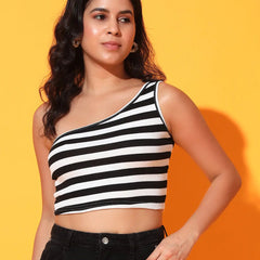 Black Striped Ribbed Sleeveless Single Shoulder Stretchable Slim Fit Crop Tank Top