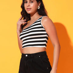Black Striped Ribbed Sleeveless Single Shoulder Stretchable Slim Fit Crop Tank Top