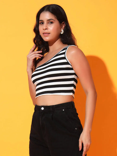 Black Striped Ribbed Sleeveless Single Shoulder Stretchable Slim Fit Crop Tank Top
