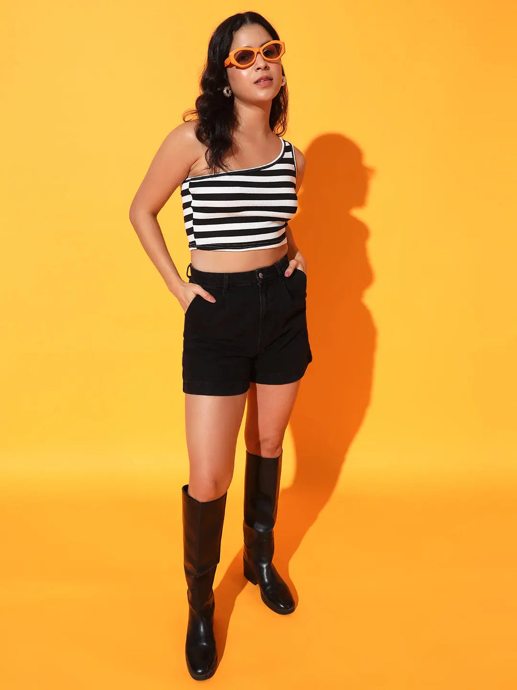 Black Striped Ribbed Sleeveless Single Shoulder Stretchable Slim Fit Crop Tank Top