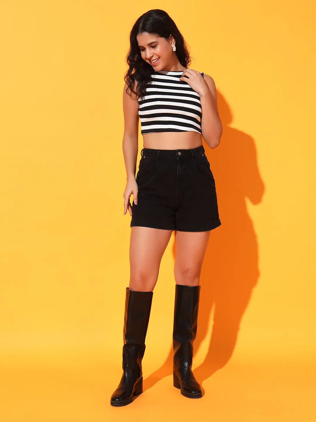 Women's & Girls Black Striped Mock Neck Rib/Knit Sleeveless Stretchable Slim Fit Crop Tank Top Istyle Can