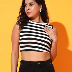 Women's & Girls Black Striped Mock Neck Rib/Knit Sleeveless Stretchable Slim Fit Crop Tank Top Istyle Can