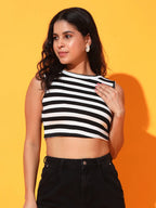 Women's & Girls Black Striped Mock Neck Rib/Knit Sleeveless Stretchable Slim Fit Crop Tank Top Istyle Can