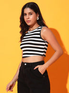 Women's & Girls Black Striped Mock Neck Rib/Knit Sleeveless Stretchable Slim Fit Crop Tank Top Istyle Can
