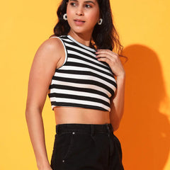 Women's & Girls Black Striped Mock Neck Rib/Knit Sleeveless Stretchable Slim Fit Crop Tank Top Istyle Can