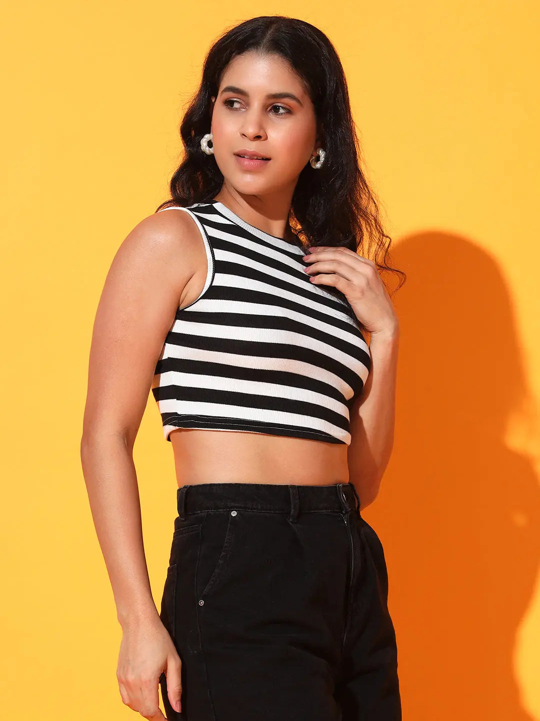 Women's & Girls Black Striped Mock Neck Rib/Knit Sleeveless Stretchable Slim Fit Crop Tank Top Istyle Can