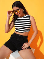 Women's & Girls Black Striped Mock Neck Rib/Knit Sleeveless Stretchable Slim Fit Crop Tank Top Istyle Can
