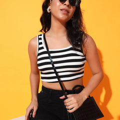 Women's & Girls' Striped Black Ribbed Square Neck Slim Fit Crop Tank Tops Istyle Can