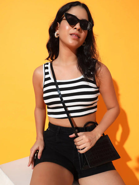 Women's & Girls' Striped Black Ribbed Square Neck Slim Fit Crop Tank Tops Istyle Can
