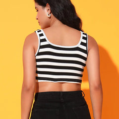 Women's & Girls' Striped Black Ribbed Square Neck Slim Fit Crop Tank Tops Istyle Can