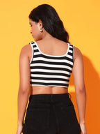 Women's & Girls' Striped Black Ribbed Square Neck Slim Fit Crop Tank Tops Istyle Can