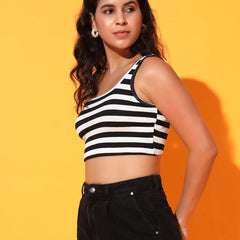 Women's & Girls' Striped Black Ribbed Square Neck Slim Fit Crop Tank Tops Istyle Can
