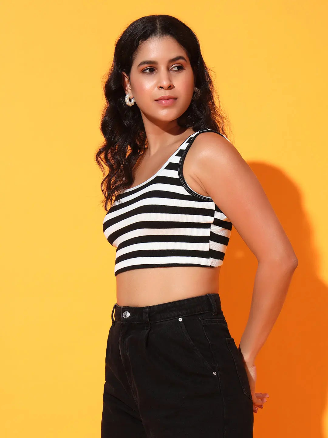 Women's & Girls' Striped Black Ribbed Square Neck Slim Fit Crop Tank Tops Istyle Can