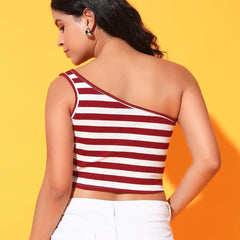 Maroon Striped Ribbed Sleeveless Single Shoulder Stretchable Slim Fit Crop Tank Top
