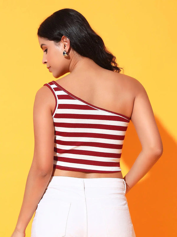 Maroon Striped Ribbed Sleeveless Single Shoulder Stretchable Slim Fit Crop Tank Top