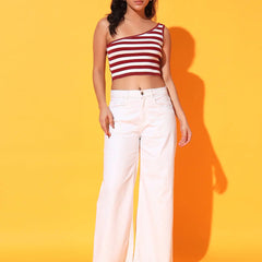 Maroon Striped Ribbed Sleeveless Single Shoulder Stretchable Slim Fit Crop Tank Top