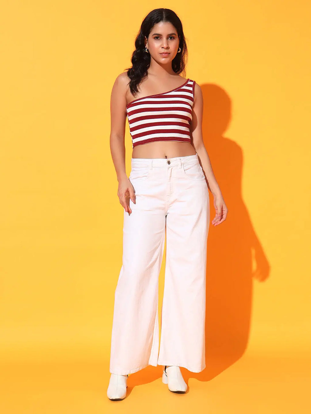 Maroon Striped Ribbed Sleeveless Single Shoulder Stretchable Slim Fit Crop Tank Top