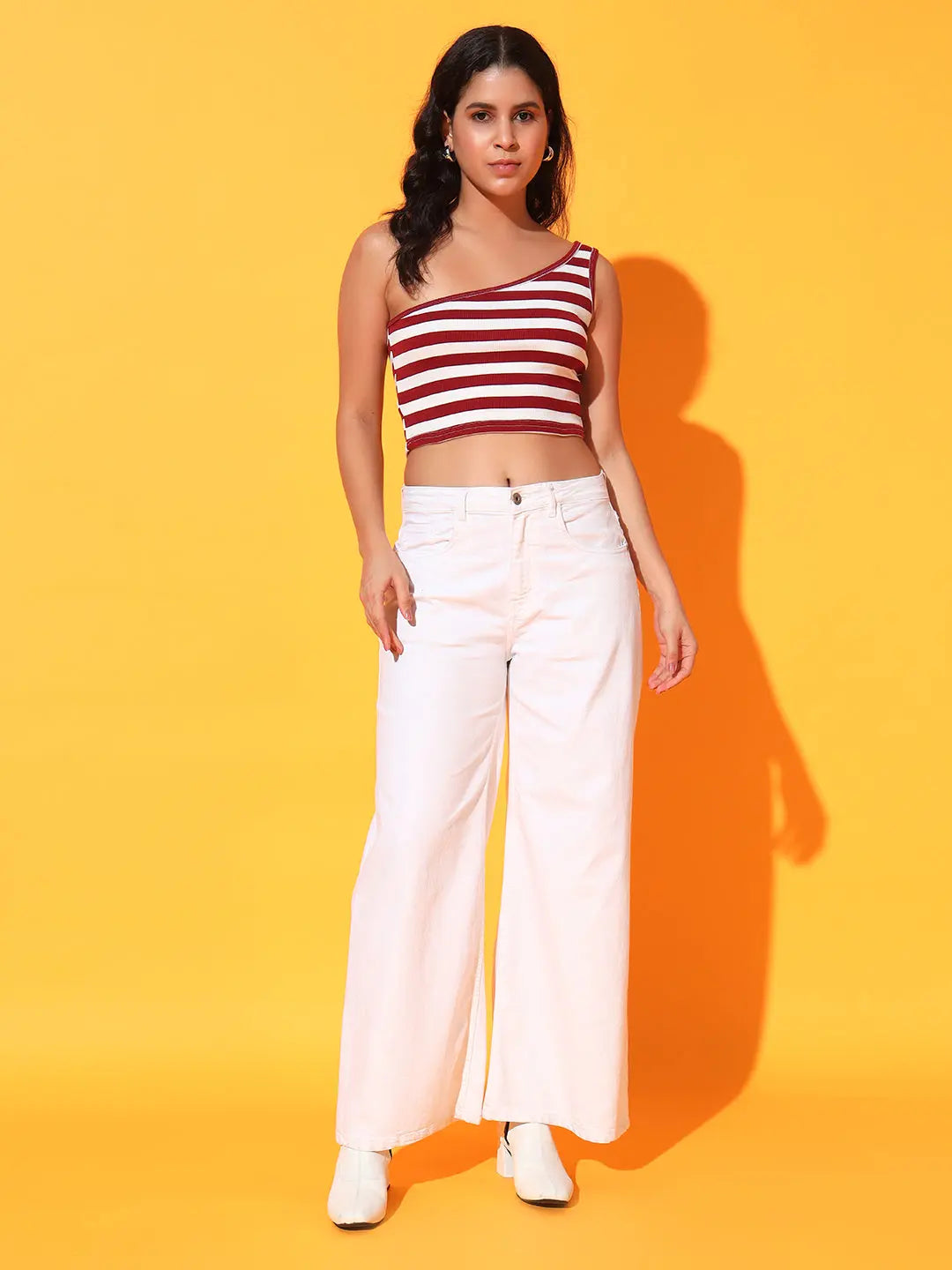 Maroon Striped Ribbed Sleeveless Single Shoulder Stretchable Slim Fit Crop Tank Top