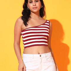 Maroon Striped Ribbed Sleeveless Single Shoulder Stretchable Slim Fit Crop Tank Top