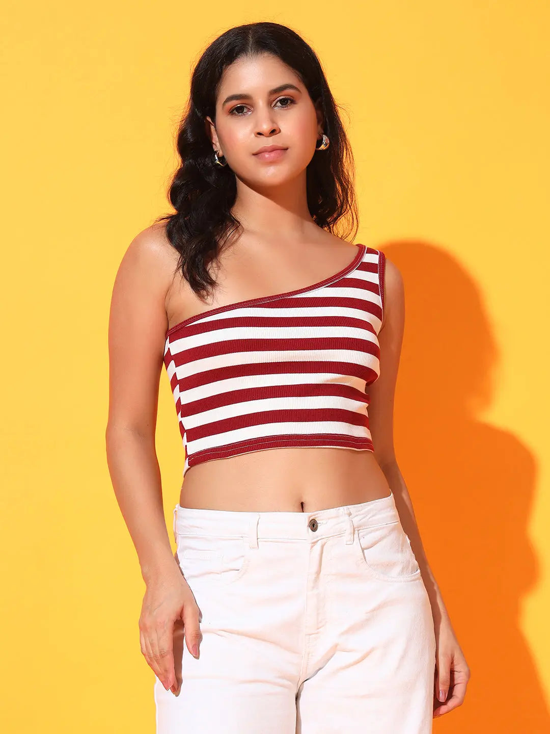 Maroon Striped Ribbed Sleeveless Single Shoulder Stretchable Slim Fit Crop Tank Top Main image
