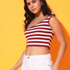 Maroon Striped Ribbed Sleeveless Single Shoulder Stretchable Slim Fit Crop Tank Top