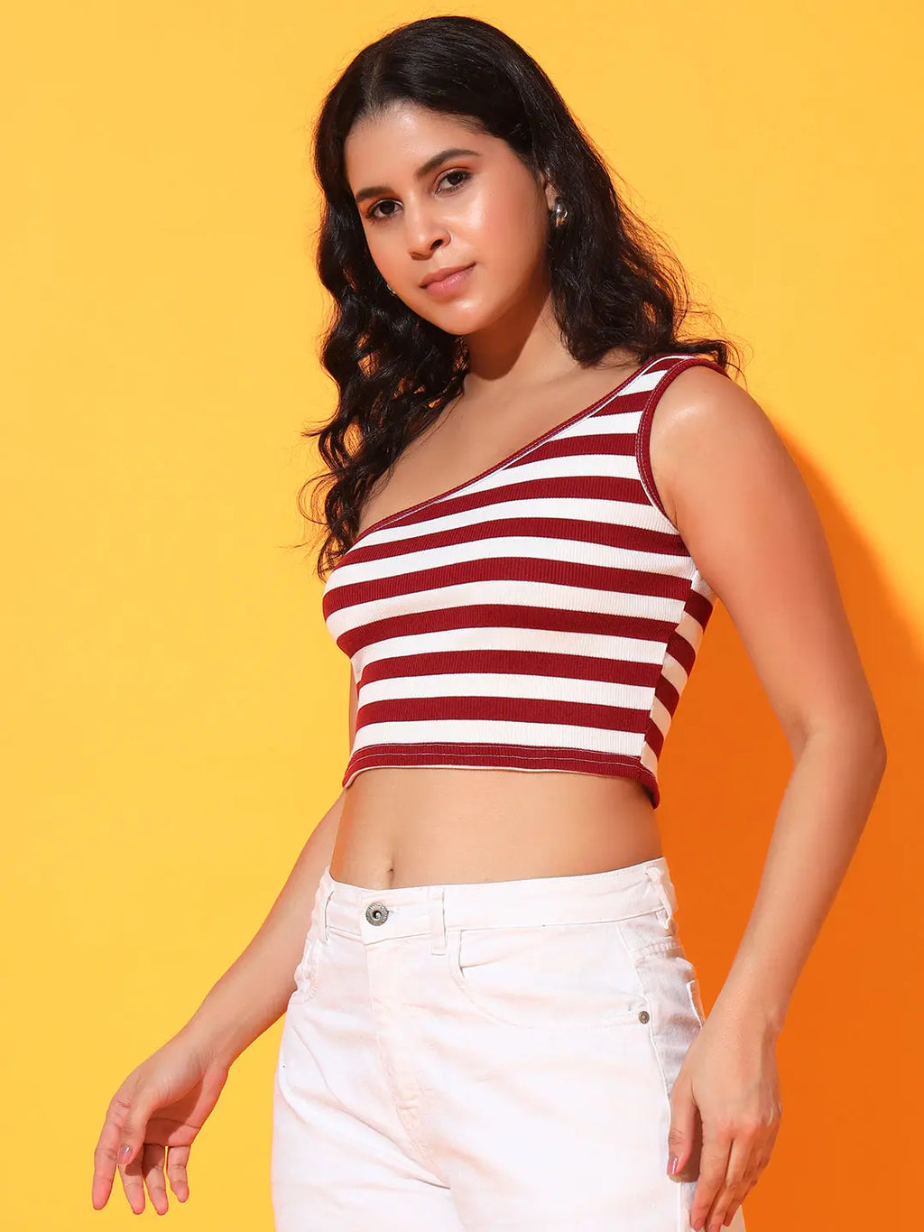Maroon Striped Ribbed Sleeveless Single Shoulder Stretchable Slim Fit Crop Tank Top