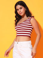 Maroon Striped Ribbed Sleeveless Single Shoulder Stretchable Slim Fit Crop Tank Top