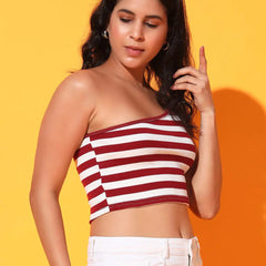Maroon Striped Ribbed Sleeveless Single Shoulder Stretchable Slim Fit Crop Tank Top