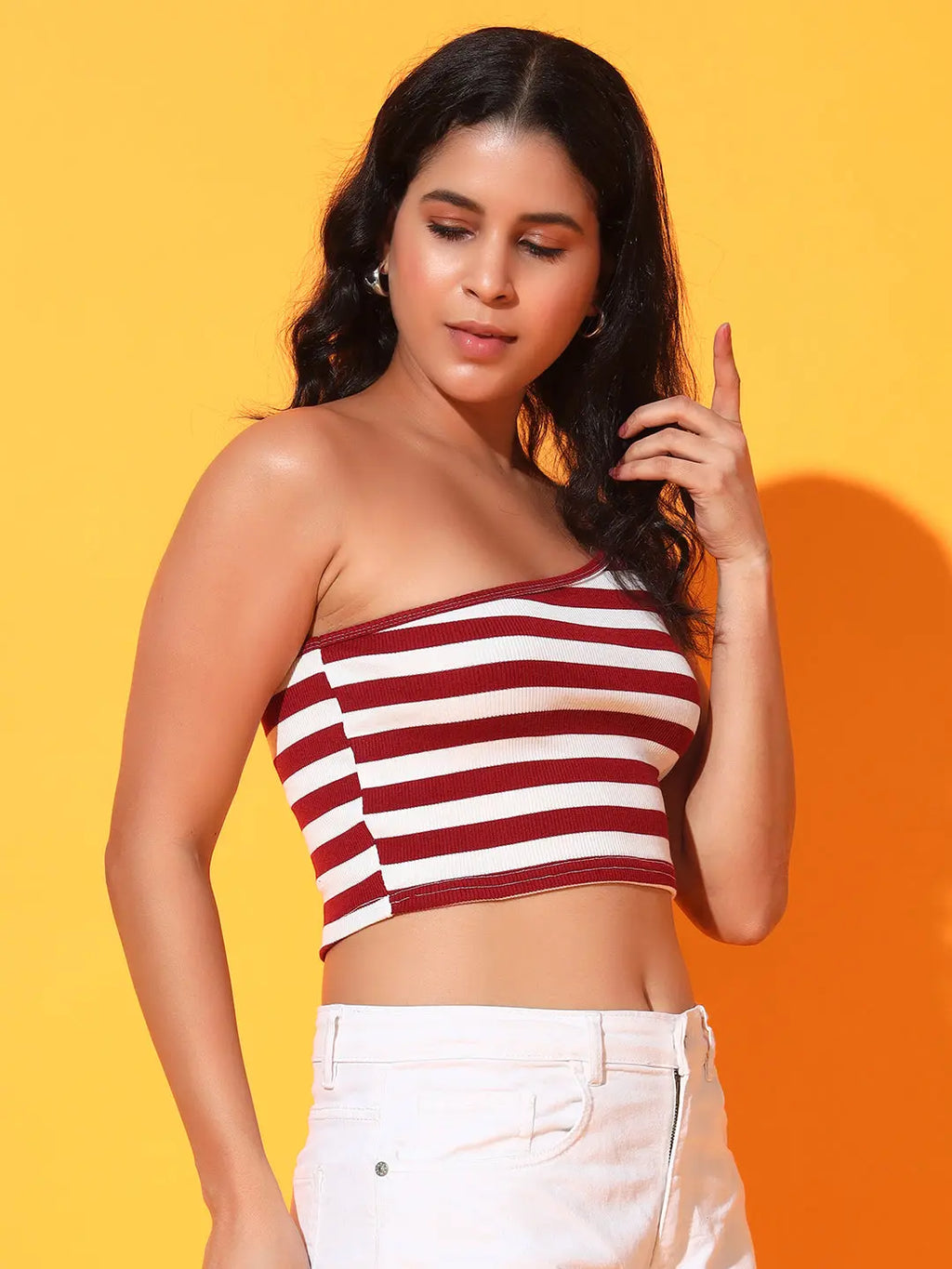 Maroon Striped Ribbed Sleeveless Single Shoulder Stretchable Slim Fit Crop Tank Top