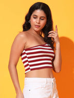 Maroon Striped Ribbed Sleeveless Single Shoulder Stretchable Slim Fit Crop Tank Top