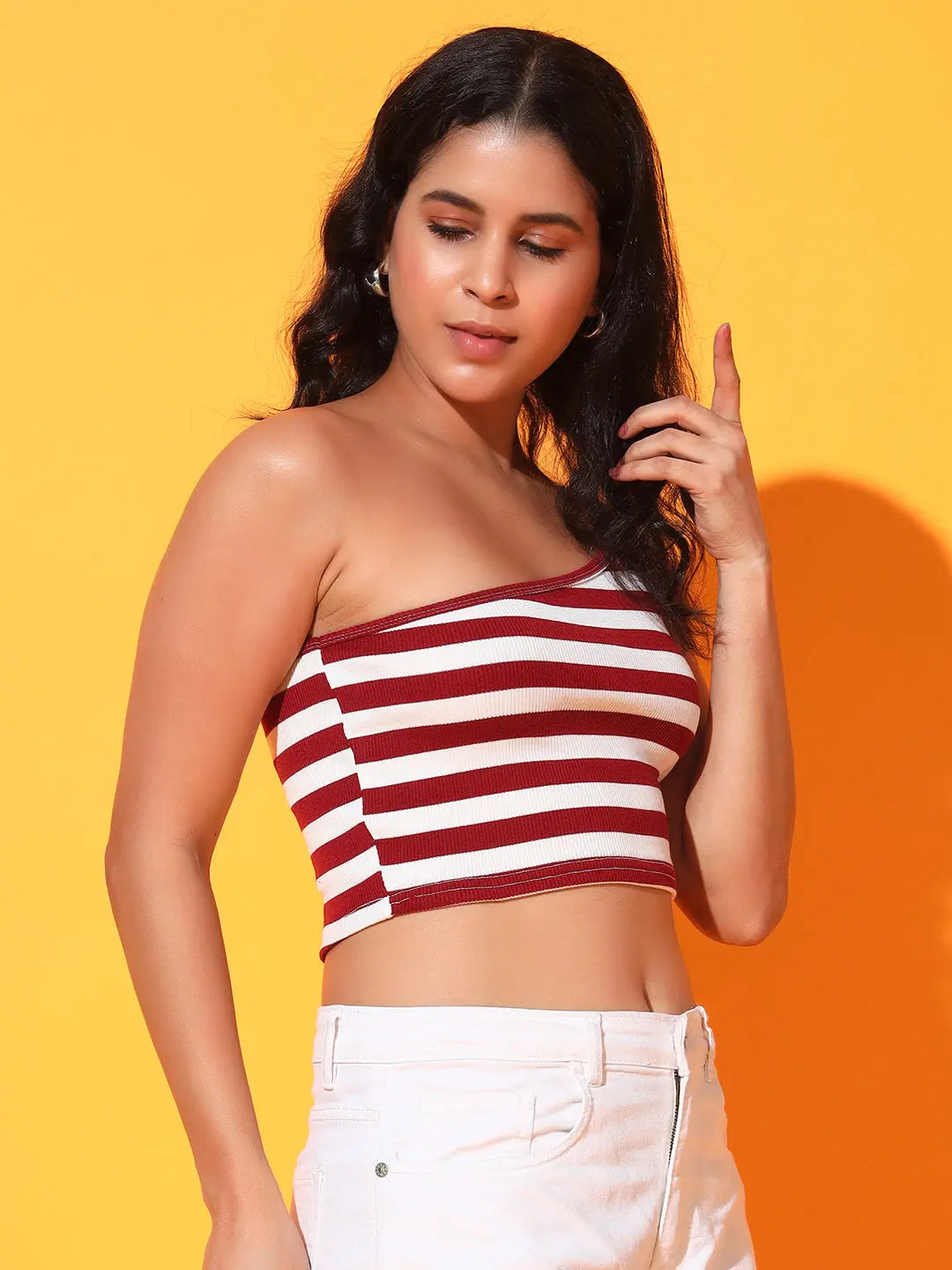 Maroon Striped Ribbed Sleeveless Single Shoulder Stretchable Slim Fit Crop Tank Top