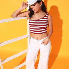 Maroon Striped Ribbed Sleeveless Single Shoulder Stretchable Slim Fit Crop Tank Top