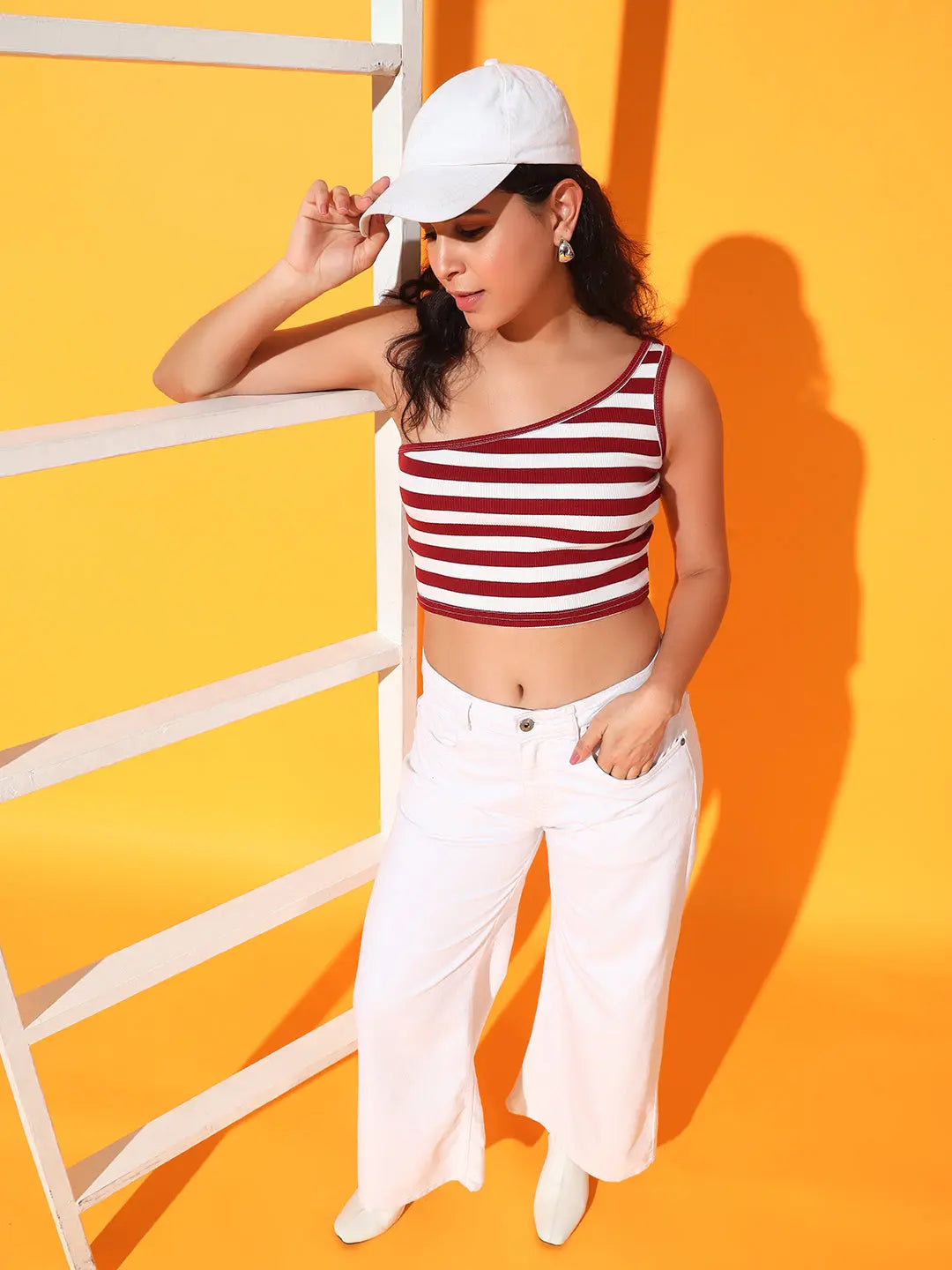 Maroon Striped Ribbed Sleeveless Single Shoulder Stretchable Slim Fit Crop Tank Top