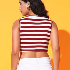 Women's & Girls Maroon Striped Mock Neck Rib/Knit Sleeveless Stretchable Slim Fit Crop Tank Top Istyle Can