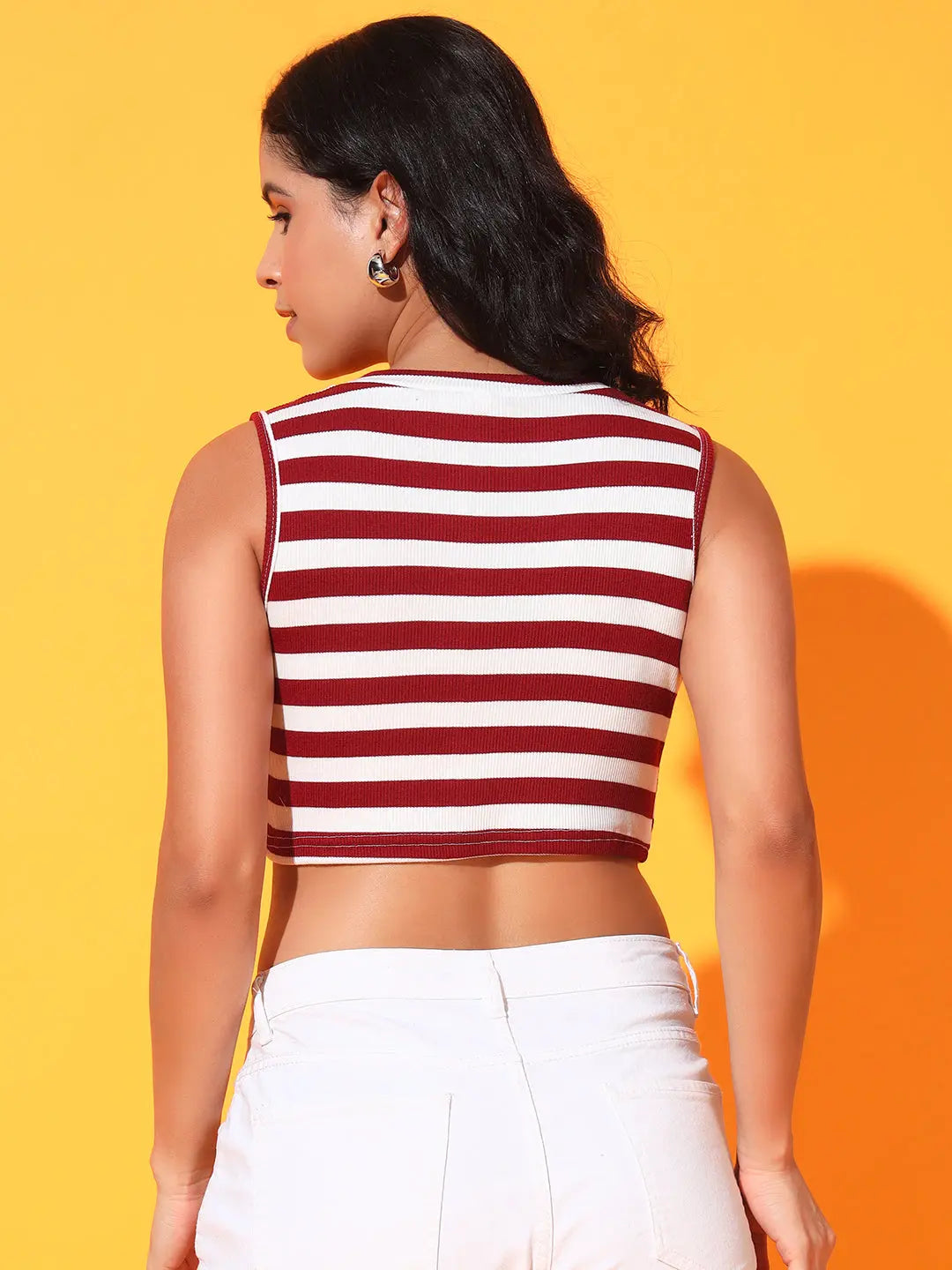 Women's & Girls Maroon Striped Mock Neck Rib/Knit Sleeveless Stretchable Slim Fit Crop Tank Top Istyle Can