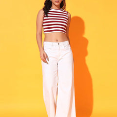 Women's & Girls Maroon Striped Mock Neck Rib/Knit Sleeveless Stretchable Slim Fit Crop Tank Top Istyle Can