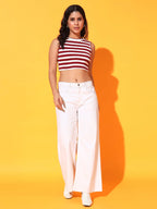 Women's & Girls Maroon Striped Mock Neck Rib/Knit Sleeveless Stretchable Slim Fit Crop Tank Top Istyle Can