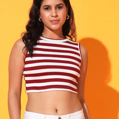 Women's & Girls Maroon Striped Mock Neck Rib/Knit Sleeveless Stretchable Slim Fit Crop Tank Top Istyle Can