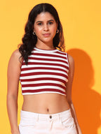 Women's & Girls Maroon Striped Mock Neck Rib/Knit Sleeveless Stretchable Slim Fit Crop Tank Top Istyle Can