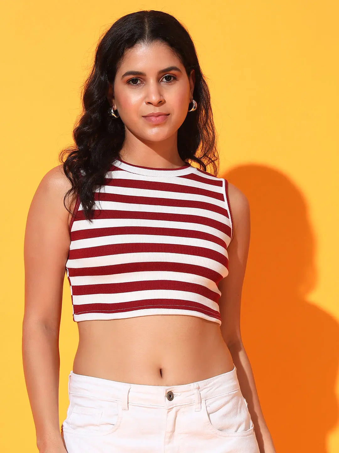 Women's & Girls Maroon Striped Mock Neck Rib/Knit Sleeveless Stretchable Slim Fit Crop Tank Top Istyle Can