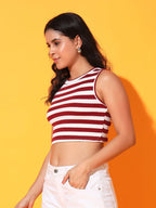 Women's & Girls Maroon Striped Mock Neck Rib/Knit Sleeveless Stretchable Slim Fit Crop Tank Top Istyle Can