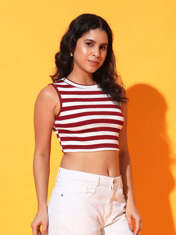 Women's & Girls Maroon Striped Mock Neck Rib/Knit Sleeveless Stretchable Slim Fit Crop Tank Top Istyle Can