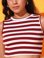 Women's & Girls Maroon Striped Mock Neck Rib/Knit Sleeveless Stretchable Slim Fit Crop Tank Top Istyle Can