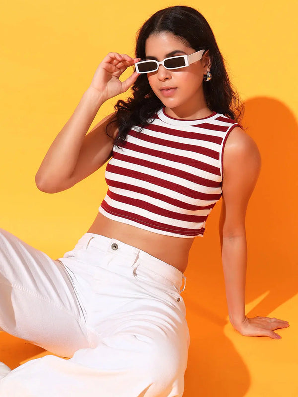 Women's & Girls Maroon Striped Mock Neck Rib/Knit Sleeveless Stretchable Slim Fit Crop Tank Top Istyle Can