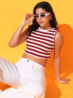 Women's & Girls Maroon Striped Mock Neck Rib/Knit Sleeveless Stretchable Slim Fit Crop Tank Top Istyle Can