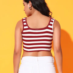Women's & Girls' Striped Maroon Ribbed Square Neck Slim Fit Crop Tank Tops Istyle Can
