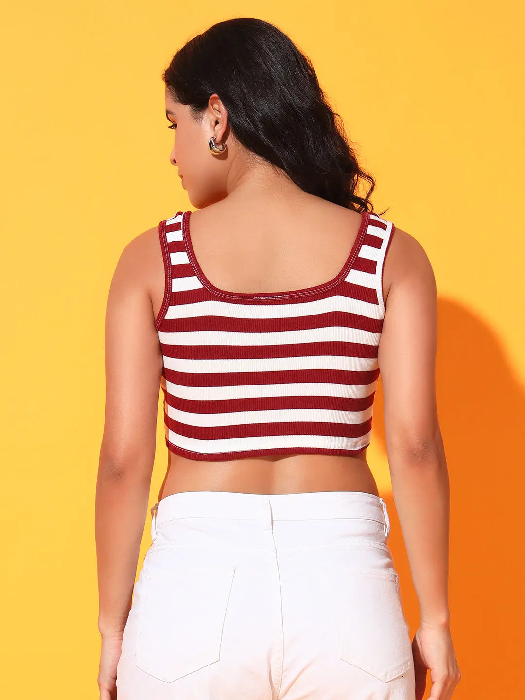 Women's & Girls' Striped Maroon Ribbed Square Neck Slim Fit Crop Tank Tops Secondary image