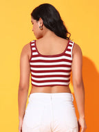 Women's & Girls' Striped Maroon Ribbed Square Neck Slim Fit Crop Tank Tops Istyle Can
