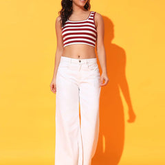 Women's & Girls' Striped Maroon Ribbed Square Neck Slim Fit Crop Tank Tops Istyle Can