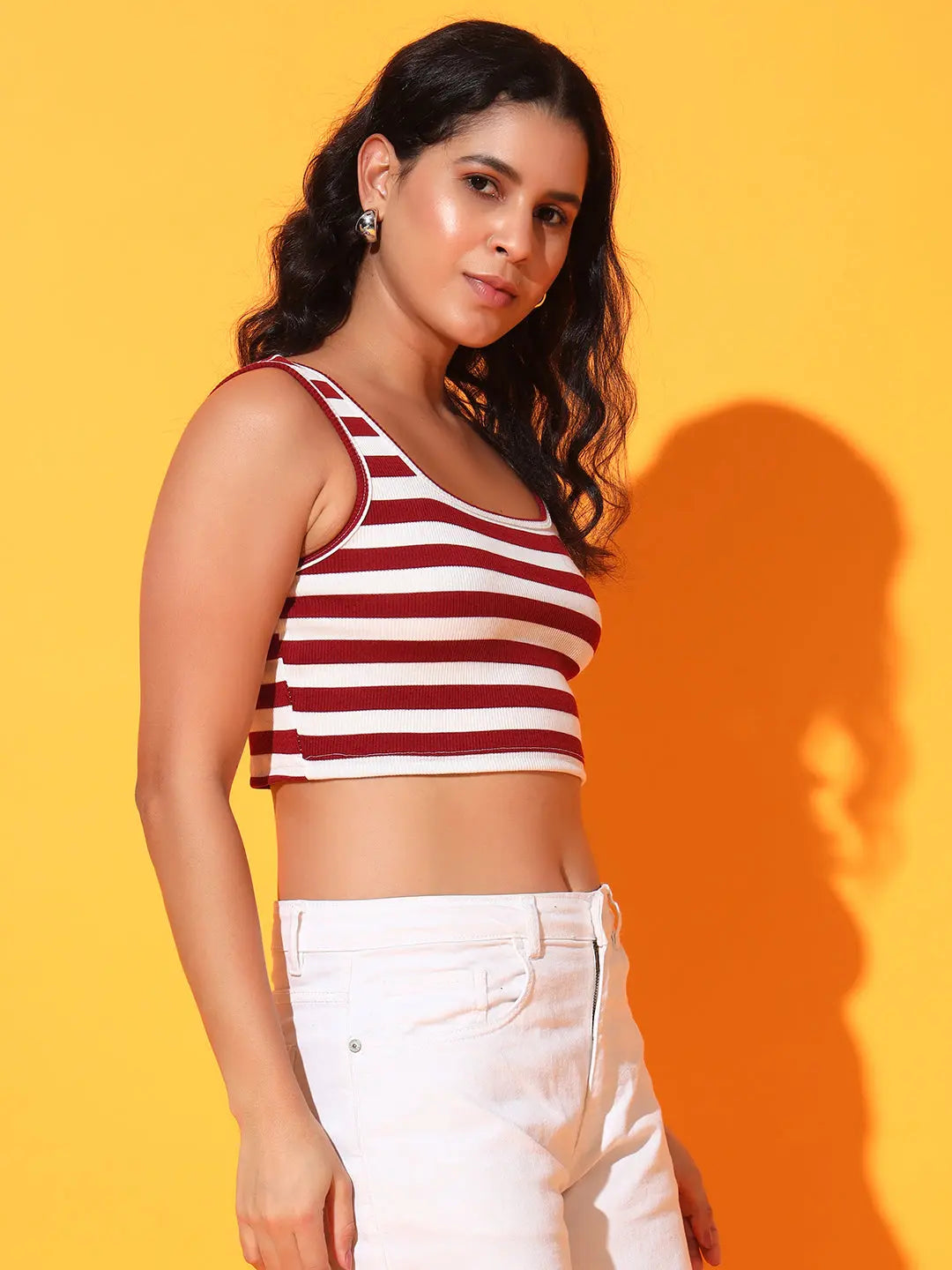 Women's & Girls' Striped Maroon Ribbed Square Neck Slim Fit Crop Tank Tops Istyle Can